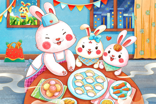 手绘水彩兔兔吃水饺插画
