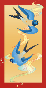 中国风国潮祥云彩色燕子插画