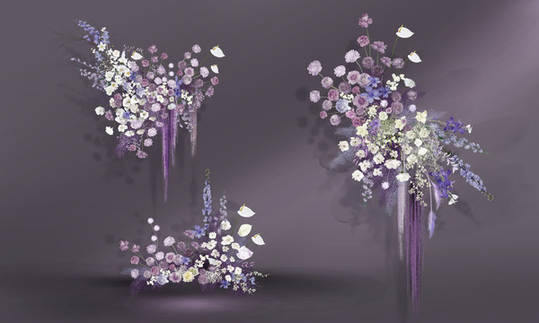 紫白婚礼手绘花艺分层素材