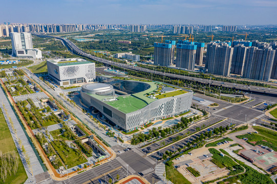 航拍河南郑州市民活动中心建筑