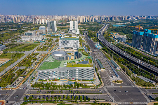 航拍河南郑州市民活动中心建筑