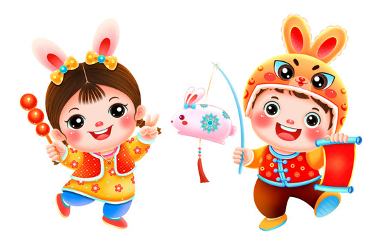 新年春节玩花灯的福娃男孩女孩