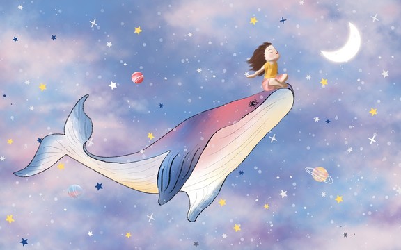 海豚遨游宇宙星空儿童房墙纸