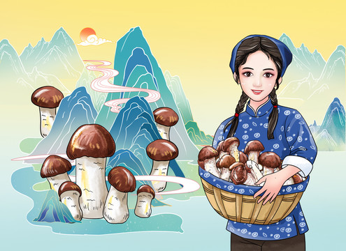 松茸插画分层采蘑菇的小姑娘