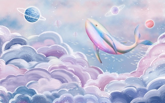 创意手绘鲸鱼云朵儿童房墙纸