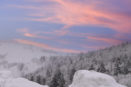 冬天雪屋森林雪地积雪夕阳雪景