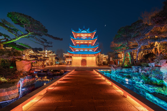 台州椒江葭沚老街文昌阁夜景