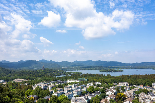 杭州西湖雷峰塔城隍阁航拍全景