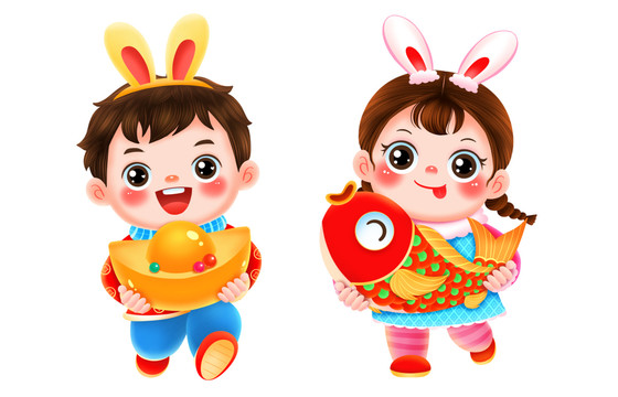 新年春节兔年抱元宝和鱼的福娃