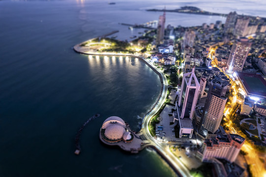 航拍青岛湾区夜景