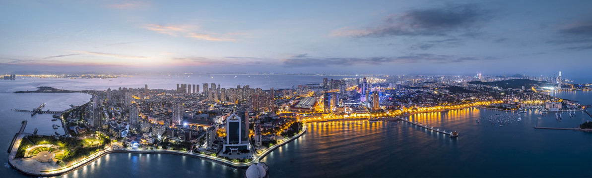 航拍青岛湾区风景区城市夜景