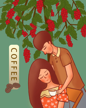 情侣咖啡情人节礼盒手绘插画