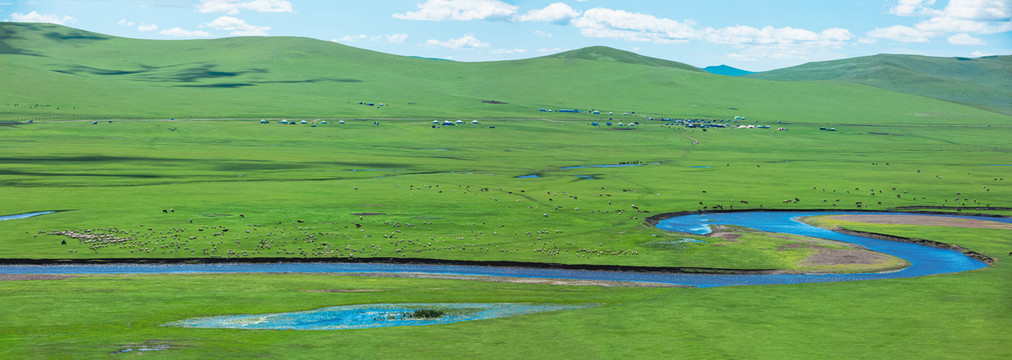 草原河流蒙古包羊群马群大横幅