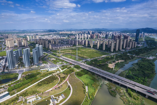 浙江绍兴上虞航拍城市风光