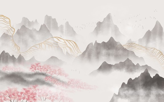 水彩线条山水画