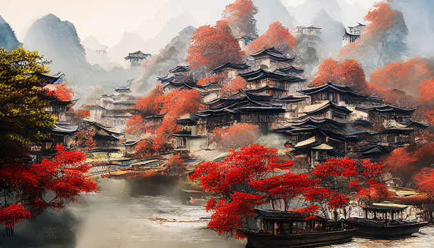 中国画秋天建筑