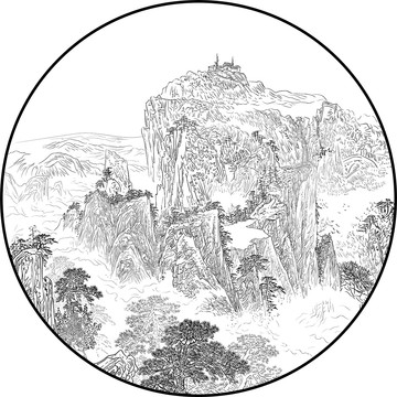 国画山水线稿