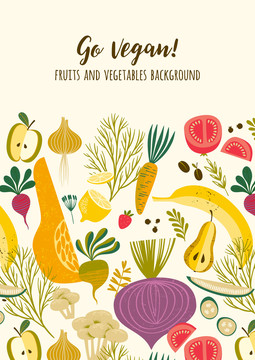 手绘风蔬菜与水果 素食概念海报
