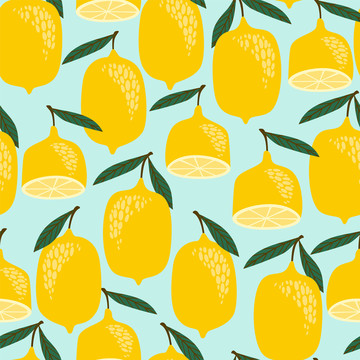 带叶子的柠檬及切片 无缝图案背景