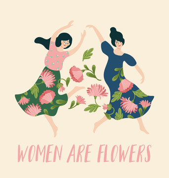 穿着花朵裙子的女性们在跳舞插图