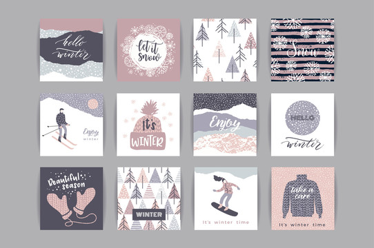 十二张 冬季概念卡片 集合