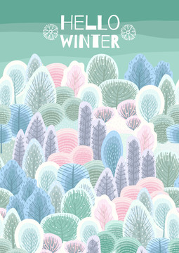 冬季朦胧森林树木设计插图