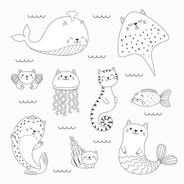 手绘猫咪海洋生物插图