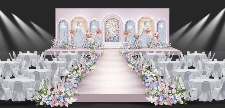 蓝色粉色法式婚礼效果图