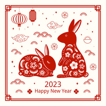 2023兔年剪纸风 花窗 新春贺图