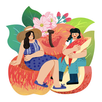 水果与人物 青春少女与苹果手绘插图