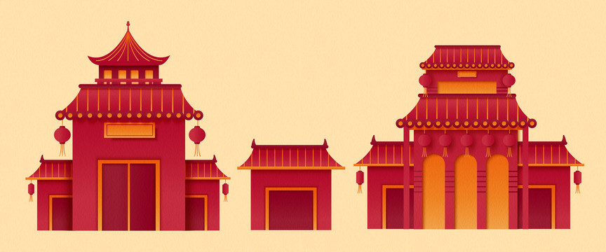 红色中式传统建筑纸艺素材组合