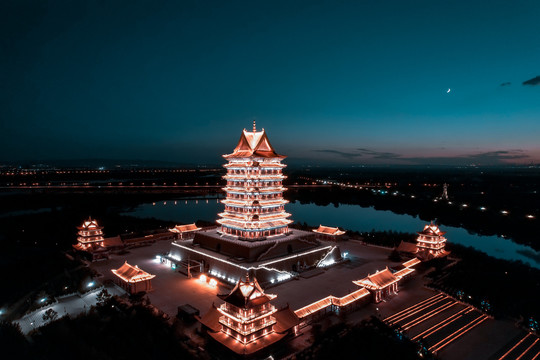 宁夏青铜峡黄河楼夜景灯光