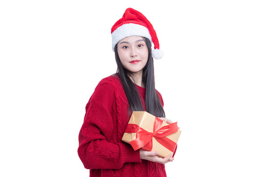 圣诞帽拿着礼物盒的女性
