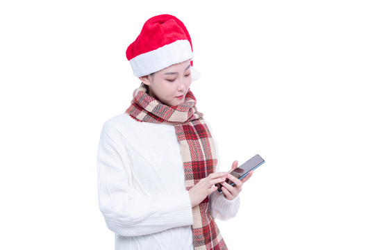 圣诞节使用手机的少女