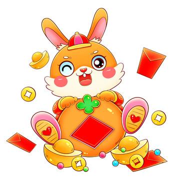 兔年春节抱桔子的快乐兔