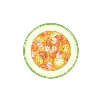 水彩轻食插画鲜虾玉米番茄汤