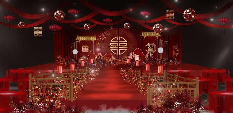 中式婚礼酒红色迎宾舞台