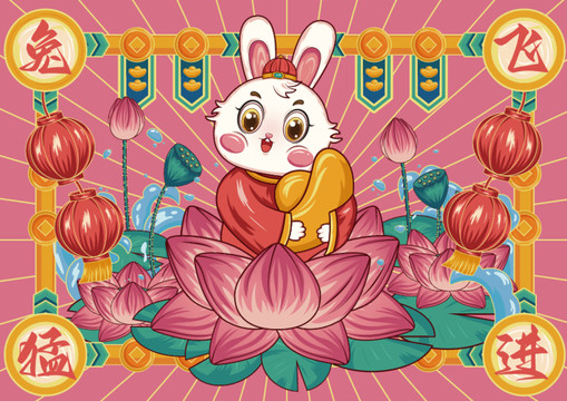 兔年春节国潮插画财神兔横板