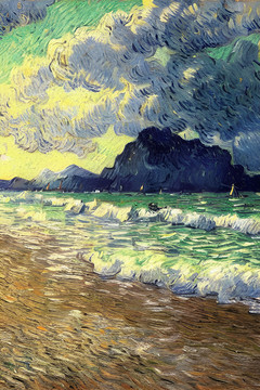 海滩梵高油画