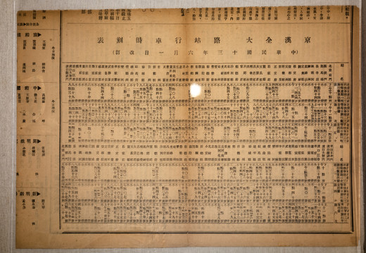 二十年代京汉铁路行车时刻表