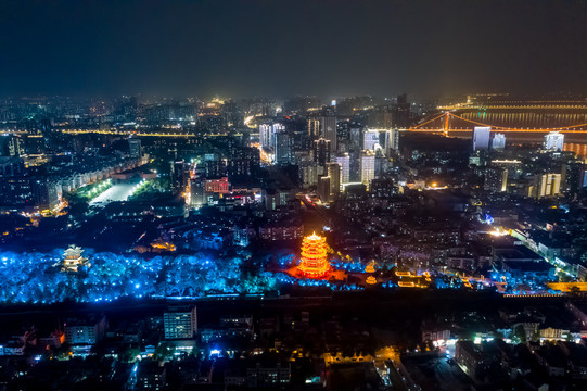 航拍武汉黄鹤楼夜景灯光秀景观