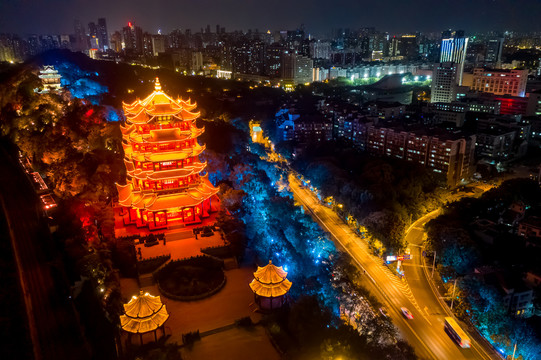 航拍武汉黄鹤楼夜景灯光秀景观