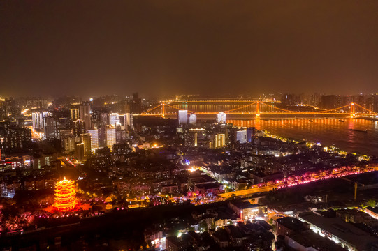 航拍武汉黄鹤楼夜景灯光秀景观