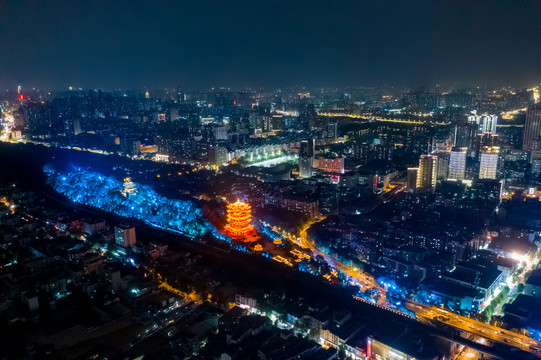 航拍武汉黄鹤楼夜景灯光秀景观