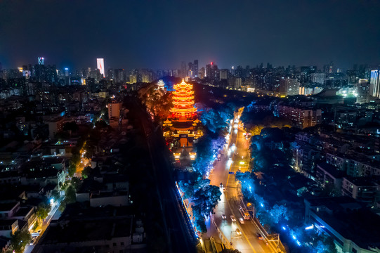 航拍武汉黄鹤楼夜景灯光秀景观