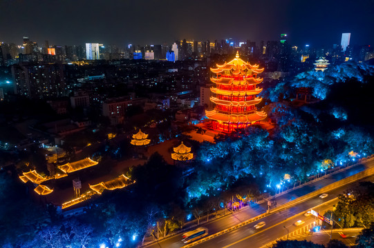 航拍武汉黄鹤楼夜景灯光秀景观