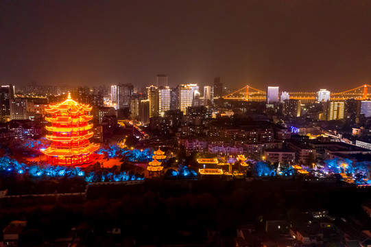 航拍武汉黄鹤楼夜景灯光秀景观