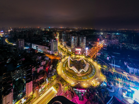 航拍武汉光谷广场夜景交通环岛