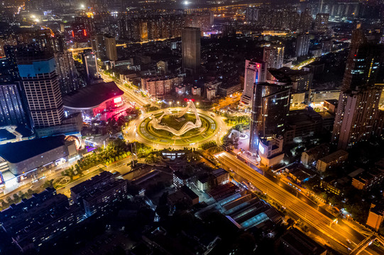 航拍武汉光谷广场夜景交通环岛