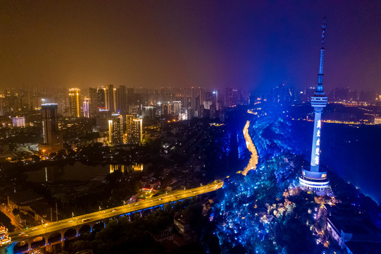 航拍武汉龟山电视塔夜景灯光秀